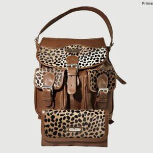 Animal Print Brown Convertible Leather Backpack with trifold wallet
